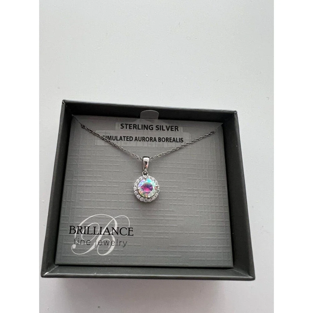Necklace round pendant sterling silver simulated Aurora Borealis, crystals New